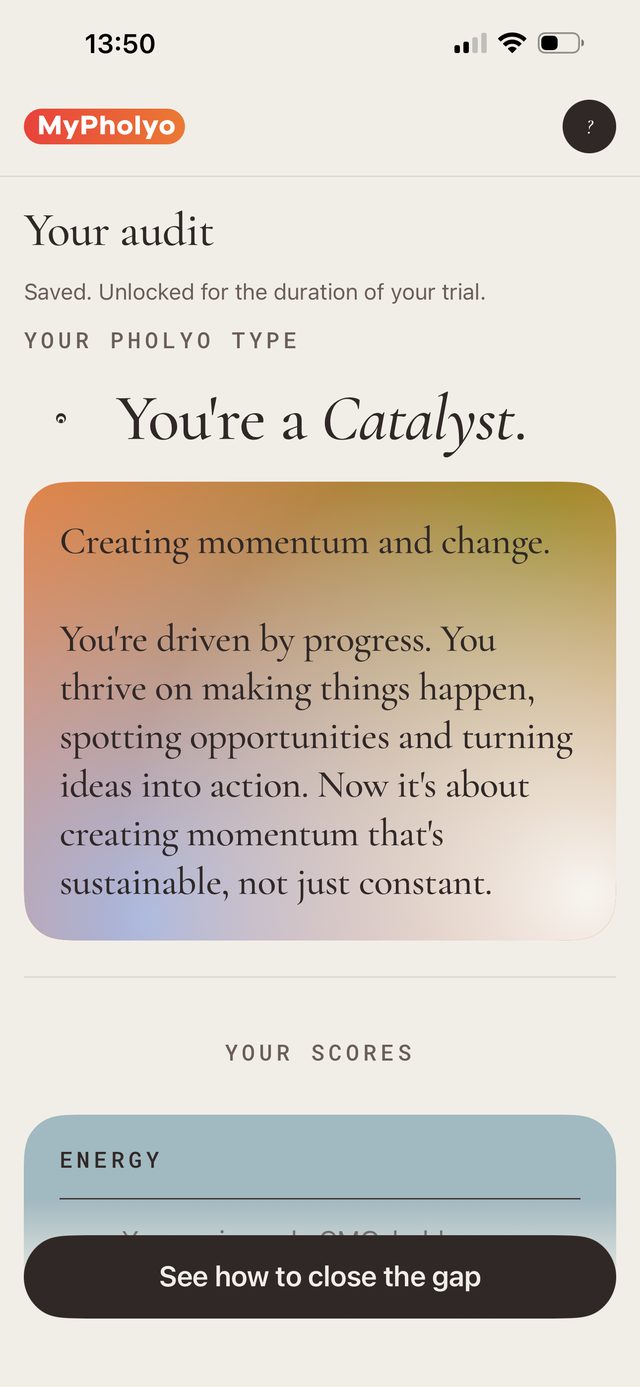 A MyPholyo result screen reading You're a Catalyst, with scores below