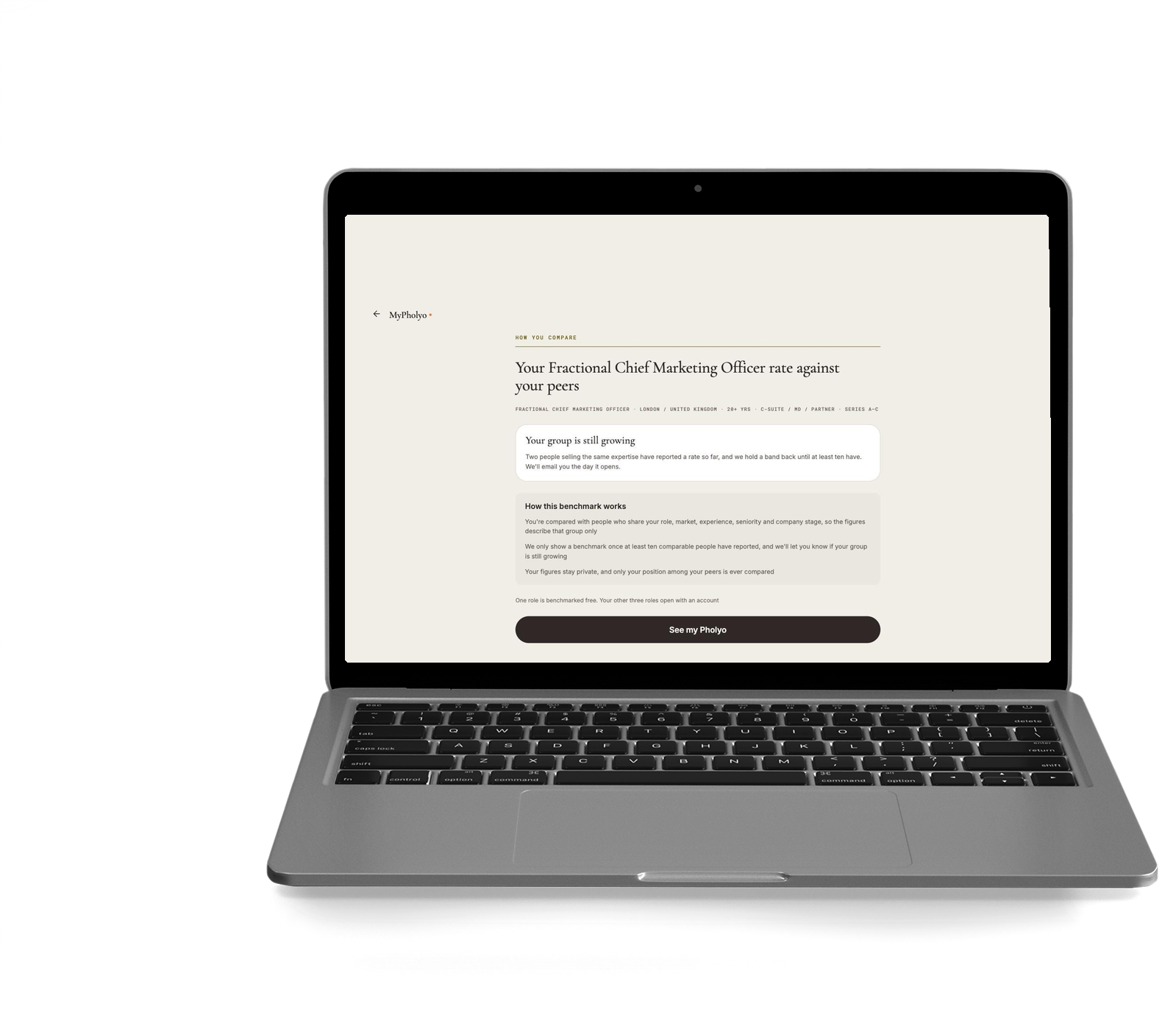 A Pholyo open on a laptop, showing where each rate sits against the benchmark for the same role, market and seniority